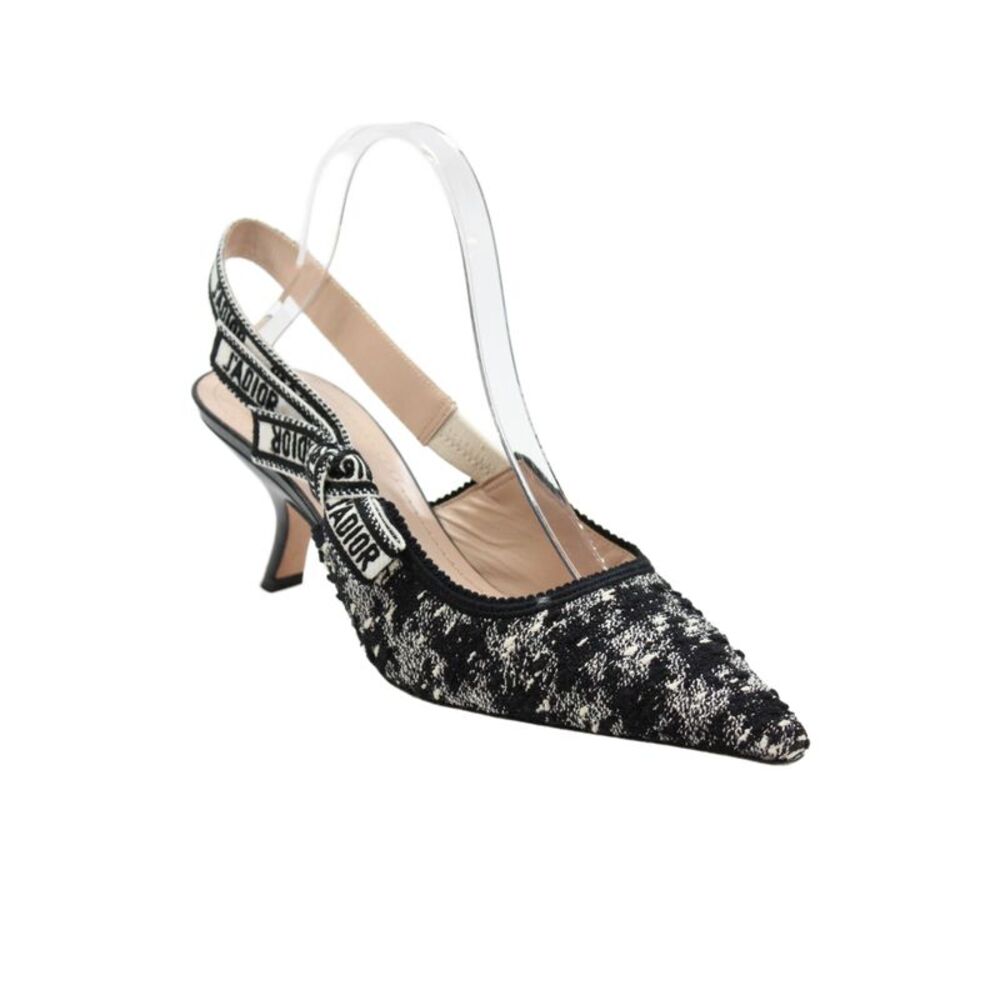 Christian Dior Womens Pointed Toe Tweed Ribbon Slingback Sandals Black Size 39.5